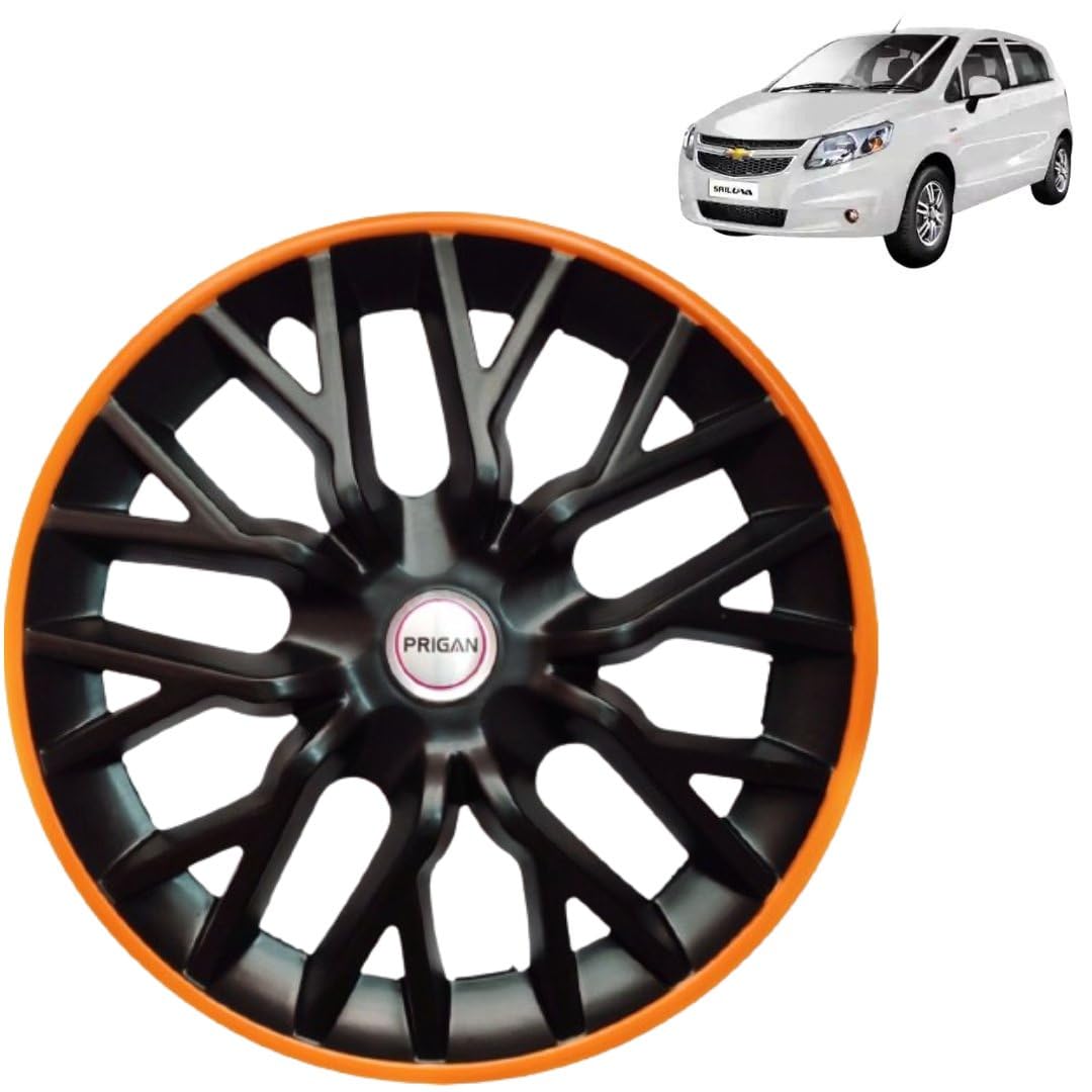 PRIGAN Wheel Cover for Chevrolet SAIL U-VA 14 Inch Black Orange Wheel Cap (Available in 12,13,14 Inch) (Set of 4 Pcs) (Press Fitting) Model- Power GT Orange-14