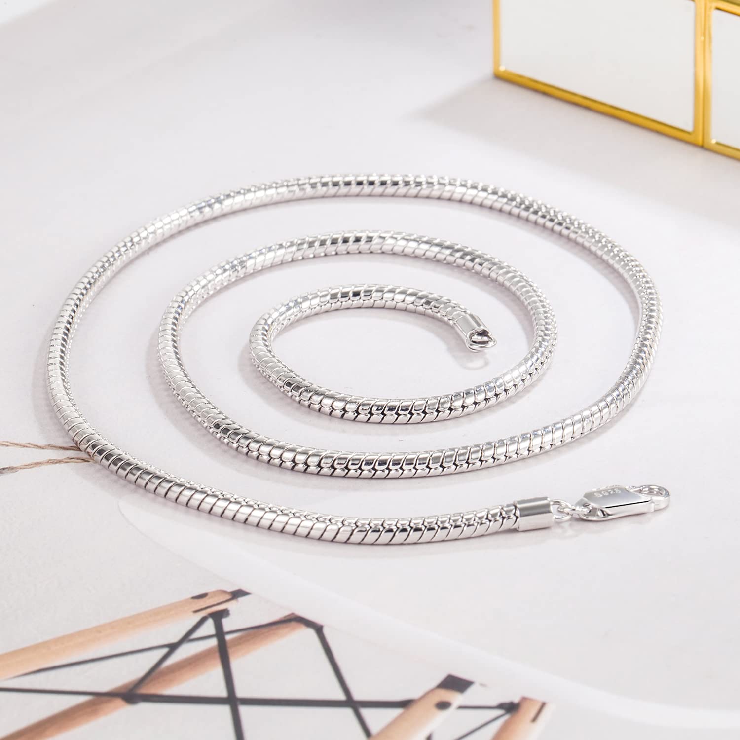 Dankadi Collier en Forme Serpent 3MM 4MM de Largeur en 925 Argent Sterling, 16”-30” Chaîne Serpentine Maille Ronde Or 41-76CM Cadeau Bijoux Fête Anniversaire pour Homme Femme