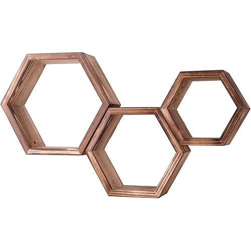Hexagon Floating Shelves Set of 3, Boho Shelves for Wall DéCor, Honeycomb Wood Shelves, Wooden Hanging Shelves, Classic Geometric DéCor for Office, Bedroom and Living Room (Carbonized Black)…