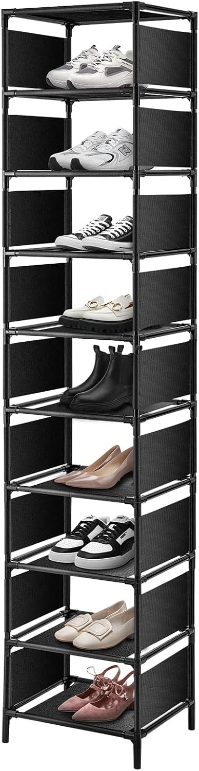 Fernvale Black 10-Tier Narrow Shoe Rack — Tall Metal Shoe Storage Rack For 10 Pairs, Adjustable Shoe Organiser Shelf, Space-Saving Shoe Slots For Bedroom, Entryway, Hallway, Dorm Room & Cloakroom (1)