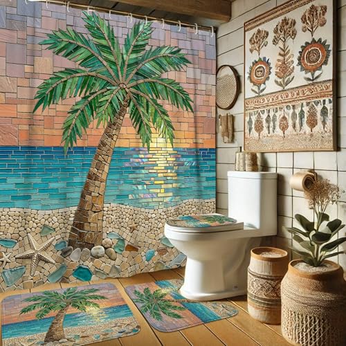 Rideau de douche palmier 183x183 avec tapis de bain ocean - 2