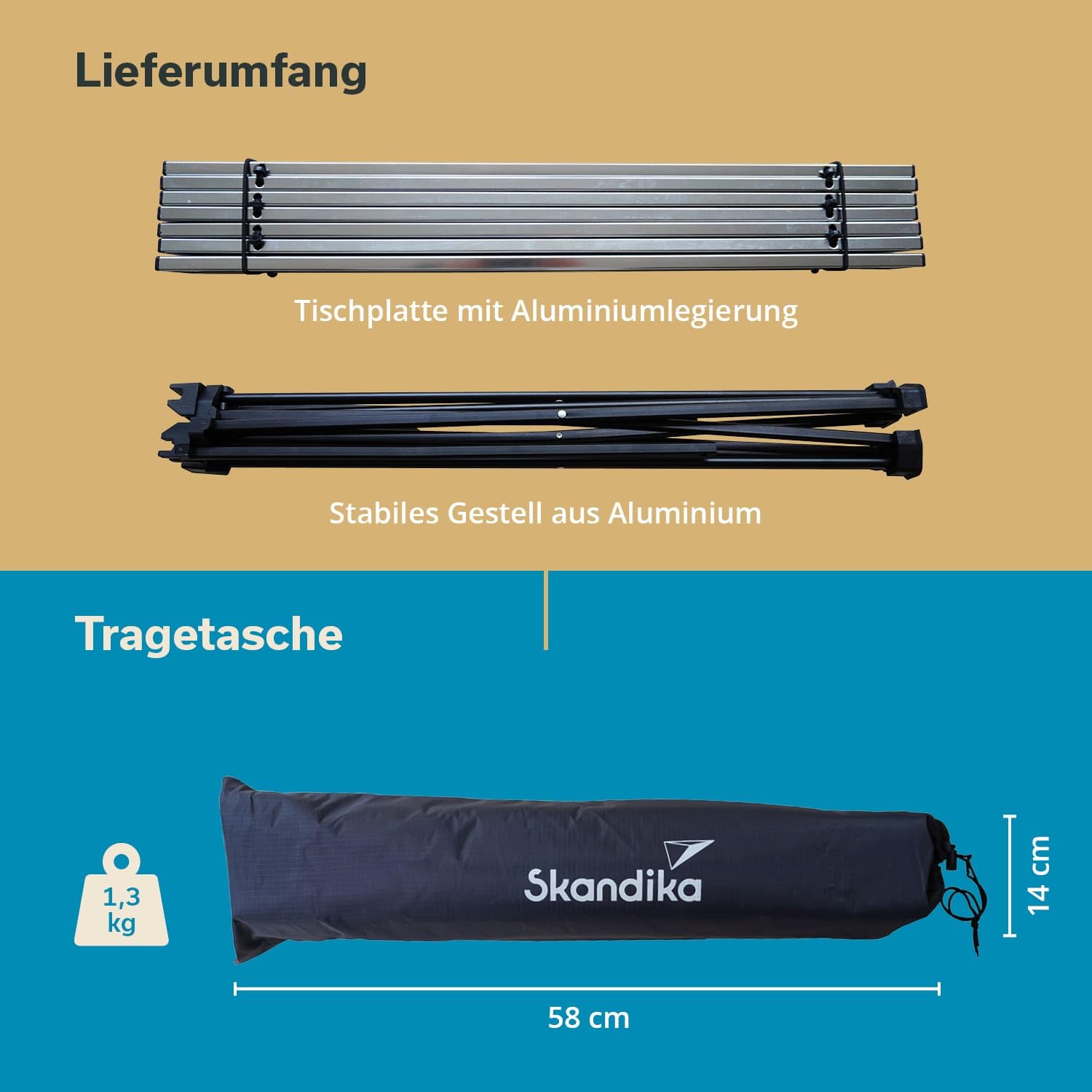 Skandika Ruka S/M stół kempingowy mały | stół kempingowy z aluminium, składany, bardzo lekki, łatwy montaż, stabilna podstawa | składany stół na kemping, do namiotu, wędrówek, podróży, domu, ogrodu (Ruka M)