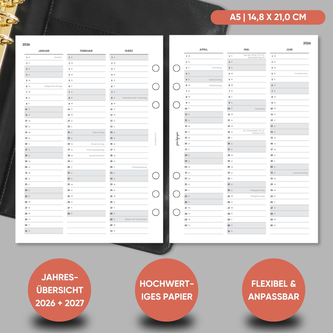 pen & pages® Kalender 2026 "Tagesplan" 1 Woche auf 2 Seiten DIN A5 Kalendereinlage für Ringbuch mit Monatsübersicht Jahresübersicht DACH Feiertagen 6 fach Lochung (All-in-One)