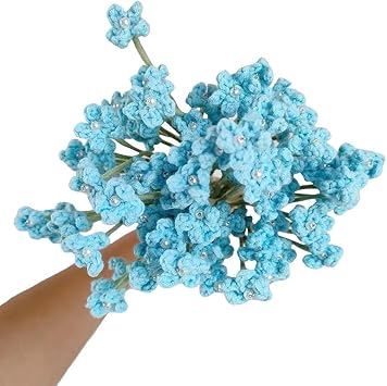 Handmade Babys Breath Artificial Flowers, 6pcs Crochet Artificial Babys Breath Fake Flowers, Knitted Real Touch Gypsophila Bouquet for Wedding Christmas Party Home Decor Blue
