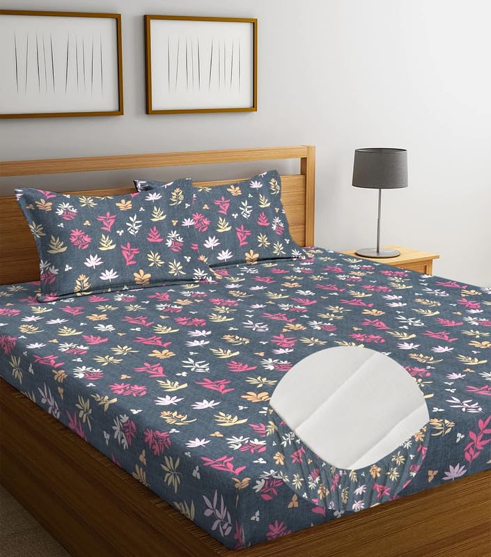 Image of la'amour Premium Cotton Elastic Fitted Bedsheets with 2 King Size Pillow Covers Double Bed with All Around Elastic Supersoft Size - 72 King Sizex78+10 inches Grey Pink 200 tc - 220 tc