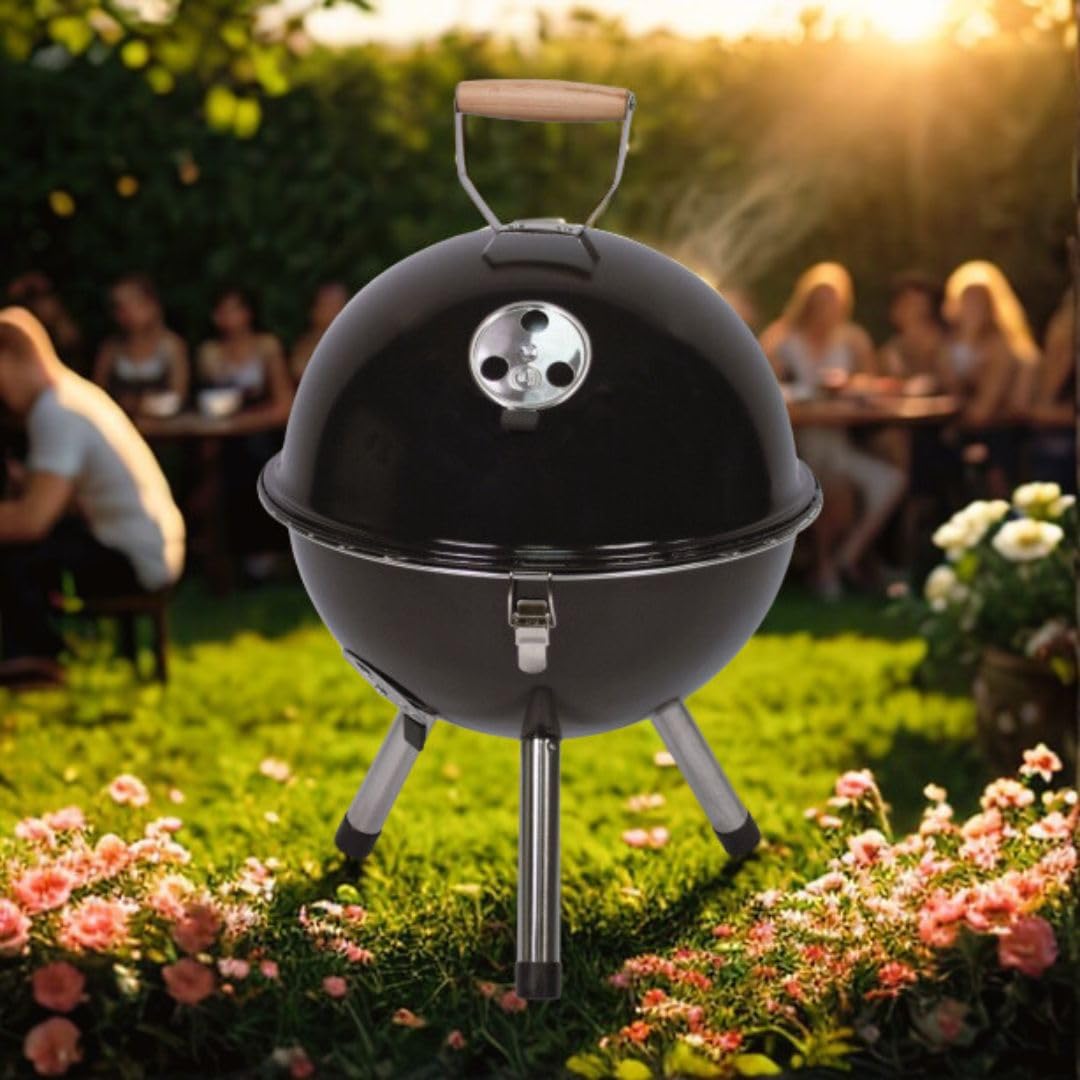 Nexos - BBQ Minigrill Kugelgrill Ø 29 cm – Kompakt-Holzkohlegrill mit Deckel & Rost – Rundgrill für Garten, Camping, Festival, Balkon – Schwarz – tragbar & leicht