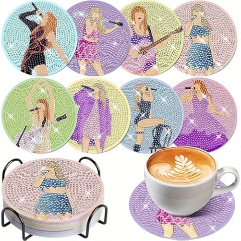 YOBEYI 8PCS Singer Diamond Painting Coasters, Diamond Art Kits for Adults, Diamond Dot Art Coasters with Holder for Home Party Decor Supplies (8 PCS-C) Cover