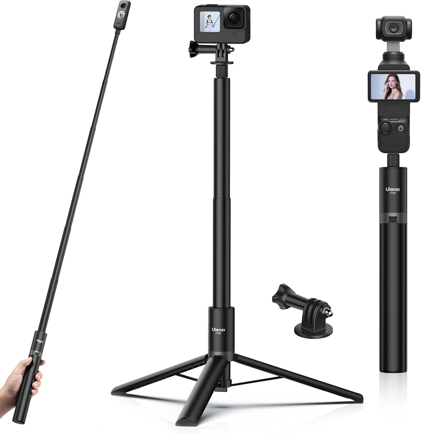 (Incomplete) 59in Invisible Selfie Stick Tripod for Insta360 X5/X4/X3/ONE X2/GO 3s/DJI Osmo 360, ULANZI TT52 Extension Pole Adjustable Waterproof Handle Grip for GoPro, DJI Osmo Pocket 3 Action 5 Pro/4