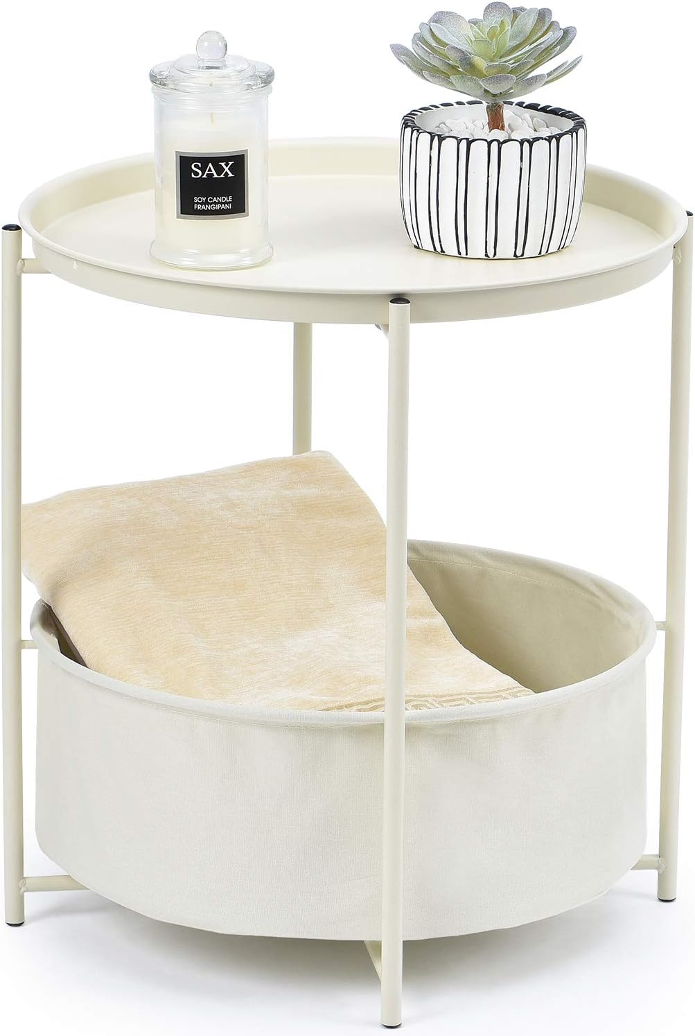 KINGRACK Coffee Round Table, Metal Nightstand, Sofa Side Snack Table, Bedside End Table with Detachable Tray Top and fabric Storage Basket, Scandi Style Lamp Table for Living Room Bedroom (Cream)