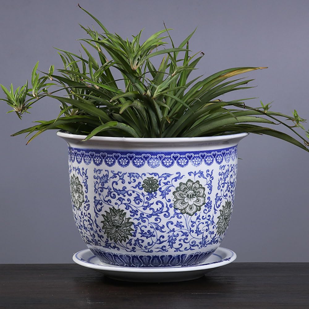 asdchZen Chinoiserie Ceramic Planter Indoor Plant Pots With Tray Plant Pots Indoor Blue And White Porcelain Flowerpot Round Planter Flower Nursery Pot Orchid Ceramics Bonsai,D-34 * 23cm
