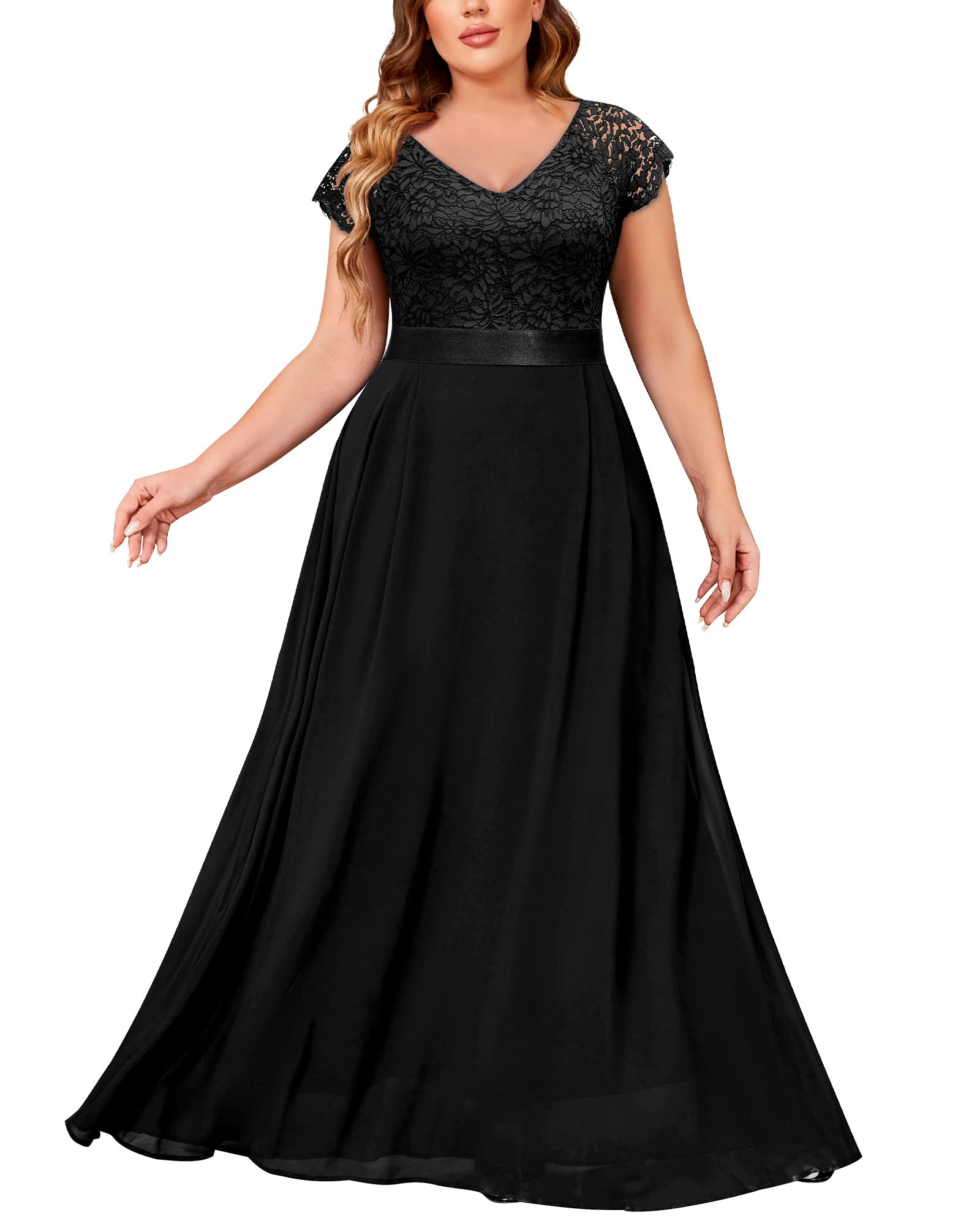 MiusolWomen's Plus Size Cap Sleeve V Neck Floral Lace Ruffle Elegant Bridesmaid Evening Maxi Dress