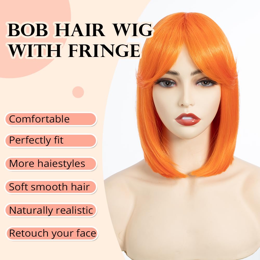 DÉBUT Straight Bob Hair Orange Wig with Fringe for Women Heat Resistant Synthetic Glueless Lace Wigs with Bangs for Daily Party Cosplay Wear(10 inches - Image 2