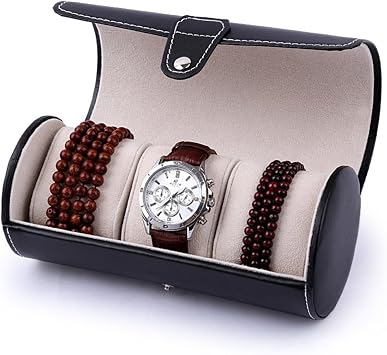 PU Leather Roll Travel Watch Box Holder Organizer Bracelet Storage Case 3 Grid for Watches or Bracelets, Black