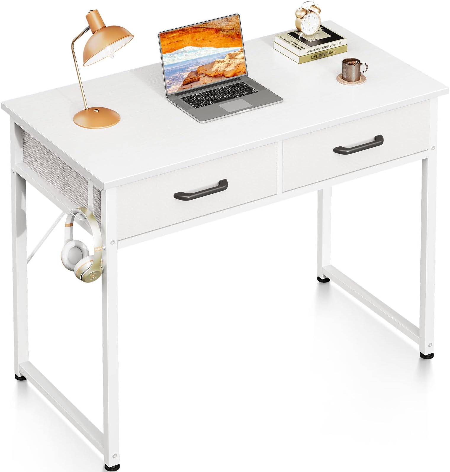 ODK Small Desk with Fabric Drawers- for Bedroom, White Vanity Desk with Storage, Home Office Computer Desk for Small Spaces, 32 Inch Modern Work Writing Study Table, White