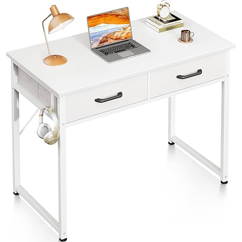 ODK Small Desk with Fabric Drawers- for Bedroom, White Vanity Desk with Storage, Home Office Computer Desk for Small Spaces, 32 Inch Modern Work Writing Study Table, White