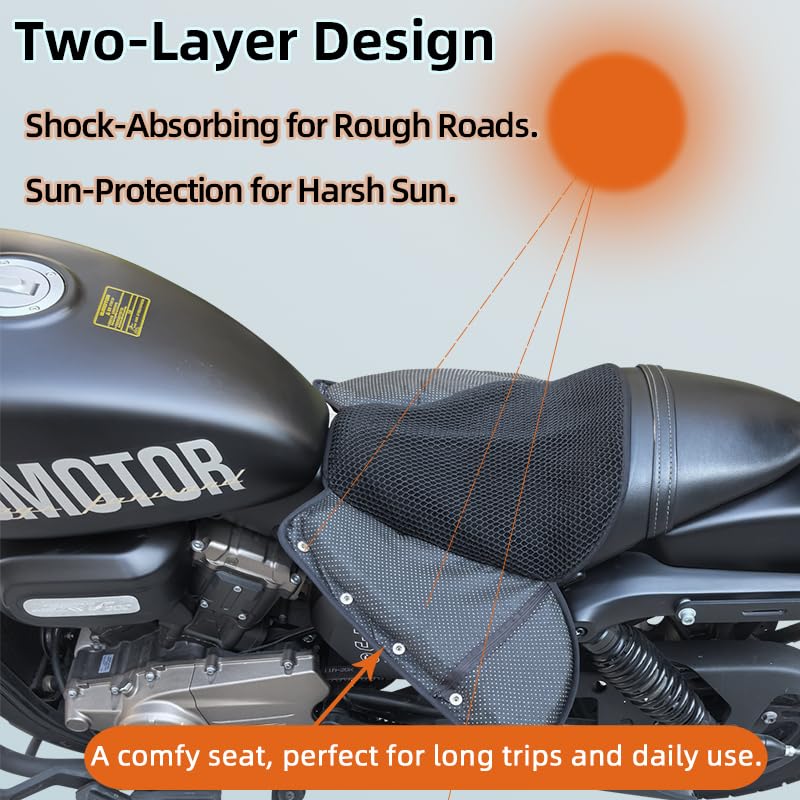 ONHUMILLION Foldable Motorcycle Gel Seat Cushion, Large 3D-Honeycomb Structure Shock Absorption & Breathable Motorcycle Gel Seat Pad for Long Rides (L)