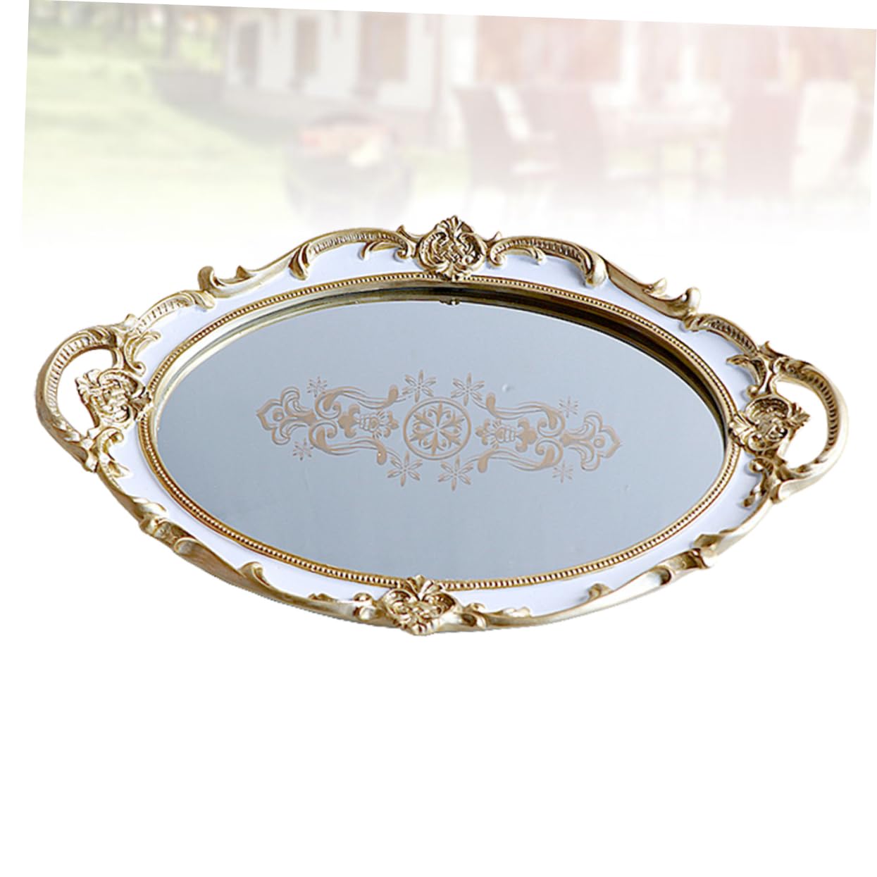 Vassoio Ovale Portaoggetti in Resina Superficie Specchio Vassoio Porta Accessori Porta Gioielli per Casa Stampa Floreale Bianca