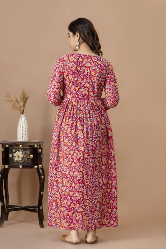 Image of Women's Pure Cotton Printed Maternity Gown /Maternity wear /Feeding Gown A-line Maternity Feeding Dress Maternity Kurti Gown for Women