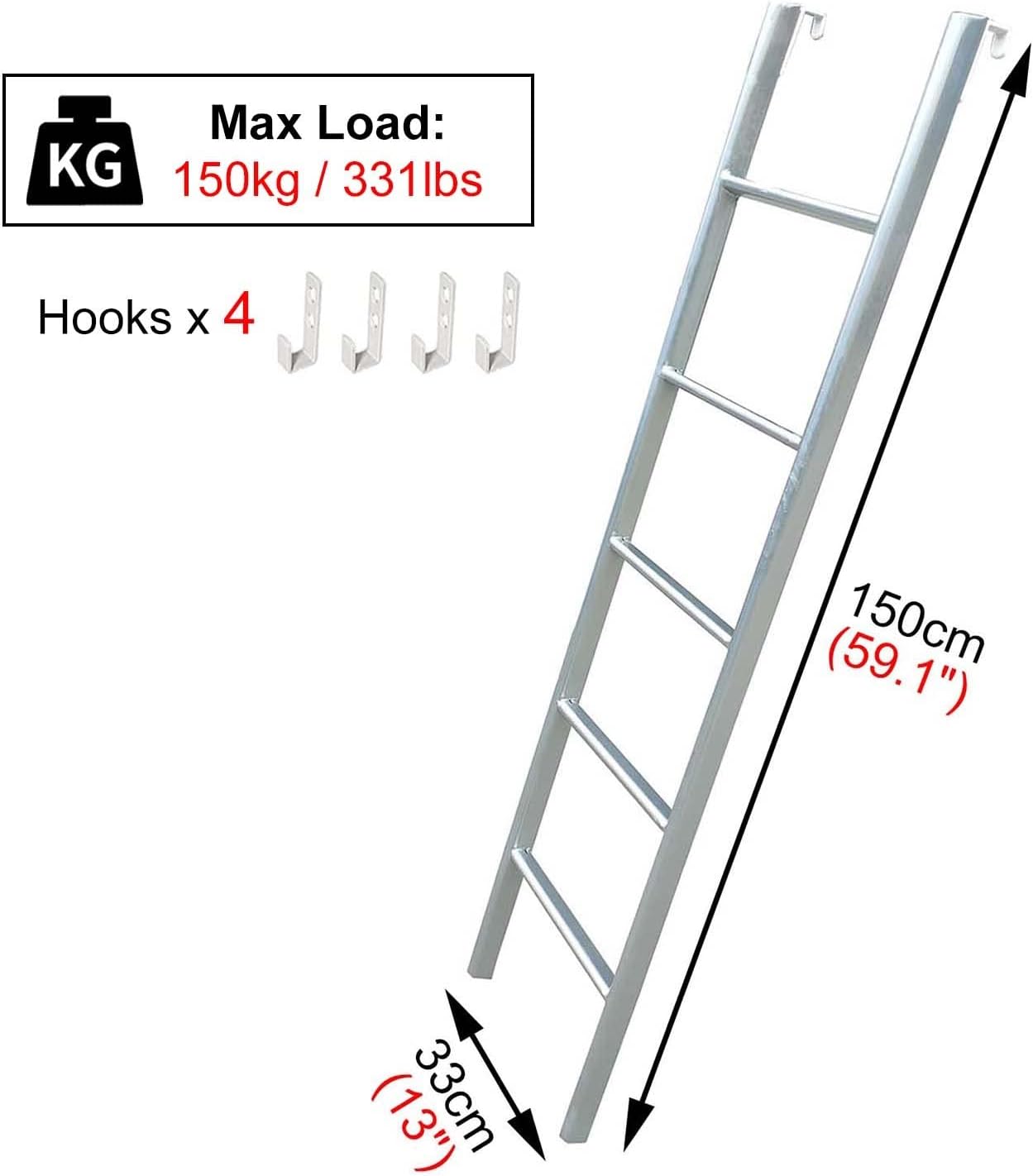 Bunk Bed Ladder Adjustable Twin Bed Ladders, 4/5 Rung Step Ladder Including Hooks, for Bedroom/Midi Sleeper/Lifted Beds/Bunk Room (Color : Silver, Size : 150cm/59)