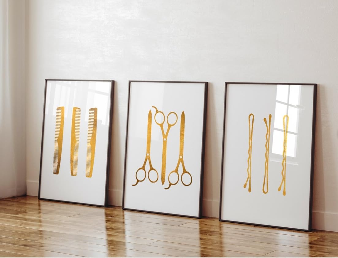 NATVVA Hairpin Scissors Comb Wall Decor 3 Pieces Hair Stylist Foil Print Posters Wall Art Canvas Painting for Hairdresser Artwork Hair Salon Beauty Salon Decor with Inner Frame