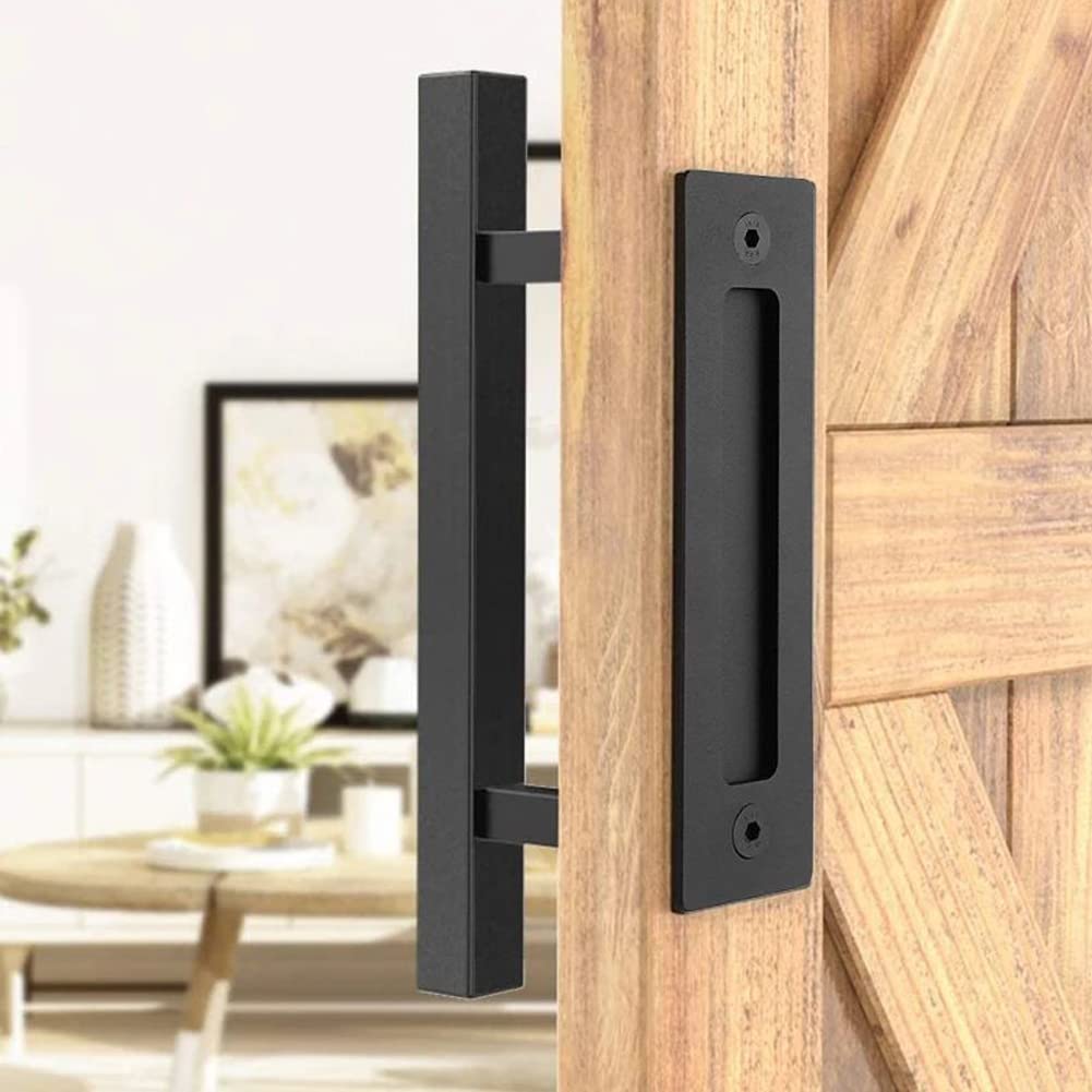 Tirador Puerta Corredera, Manija Puerta Granero, Tirador de Puerta, Tirador de Mango Granero Negro, con Accesorios de Montaje, para Puertas de Granero y Varias Puertas de Madera (Cuadrado)