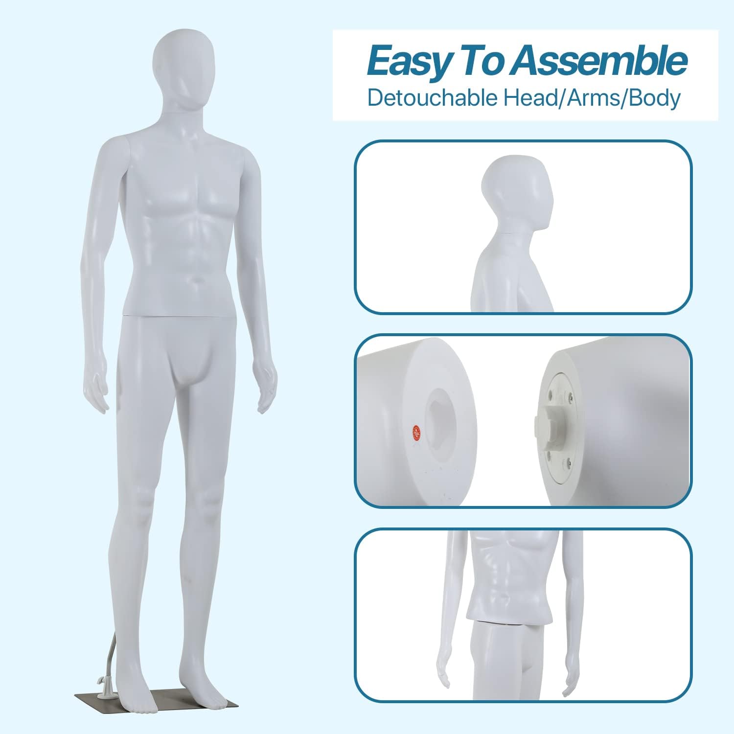 Male Mannequin Torso Mankin 73 Inch Full Body Model Adjustable Detachable Display Dress Forms with Metal Base Poseable Plastic Dummy Men Mannequin Stand for Shopping-Windows Photography (White)