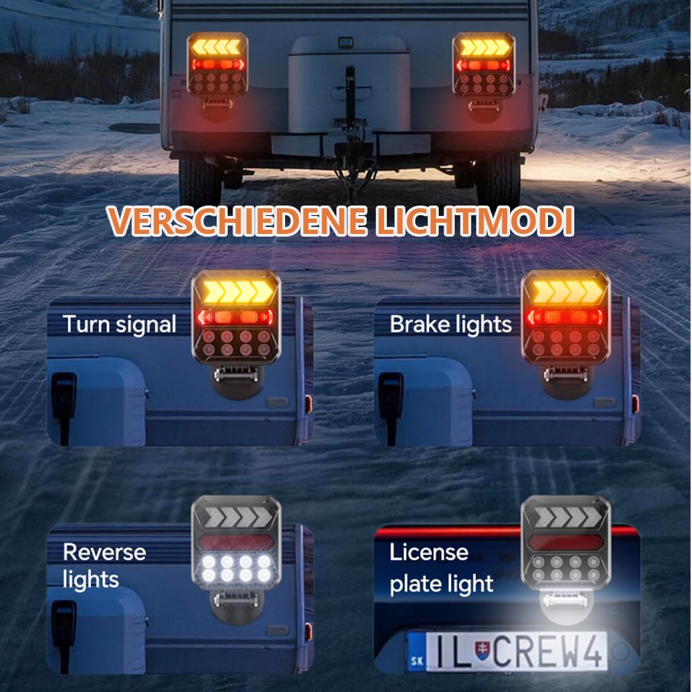 12/24V Solar kabellose magnetische LED Anhänger Rückleuchten Set, Bluetooth, 7-pol Stecker & USB-C, IPX6 wasserdichte Heckleuchten mit Doppelstahlseilen, für Anhänger LKW Wohnwagen Traktor | 7-poliger Stecker & USB-C, IPX6 wasserdichte LED-Rücklichter mit