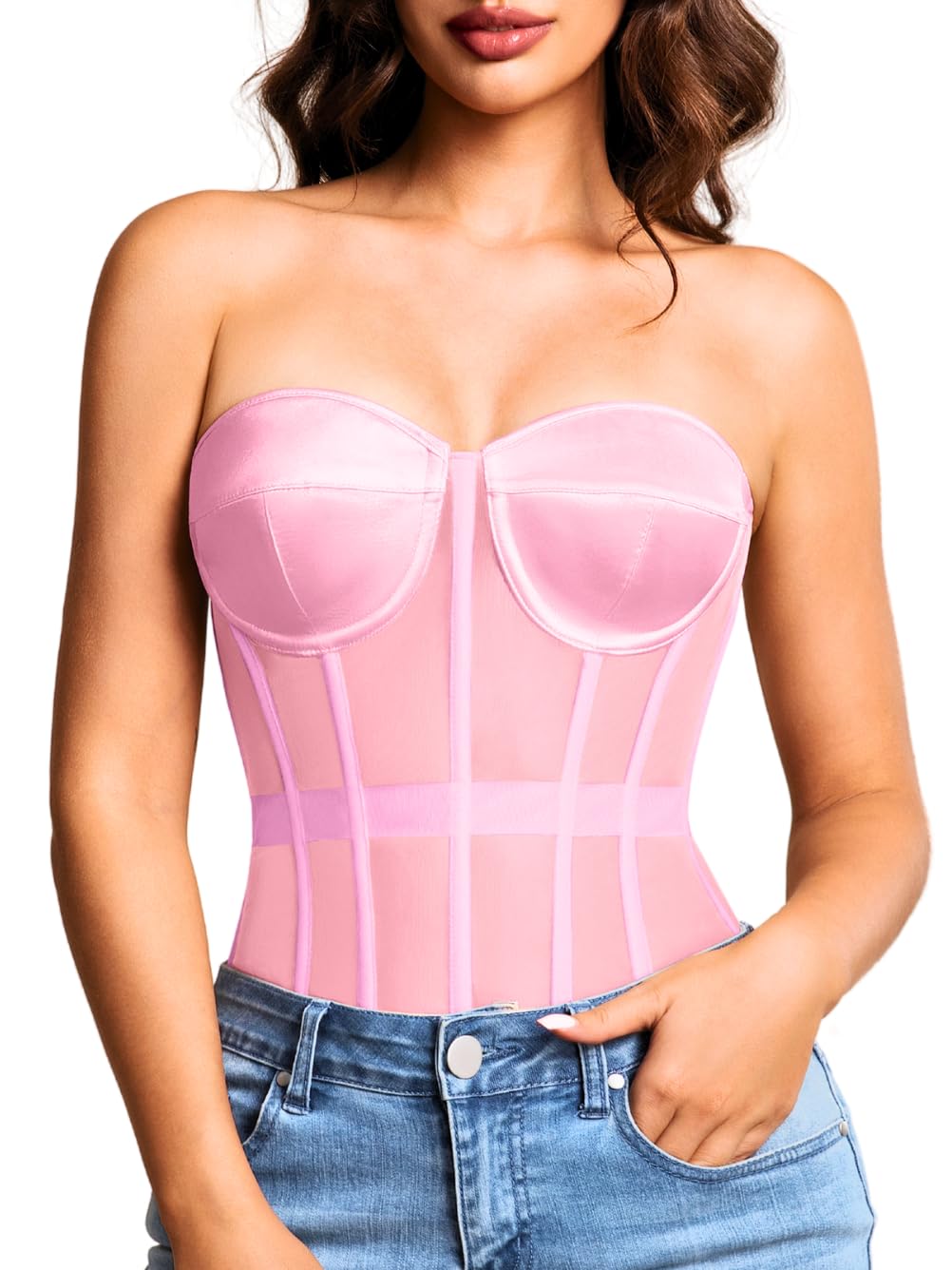 Kaei&amp;Shi Women's Strapless Mesh Corset Top, Padded Lace-Up Bustier