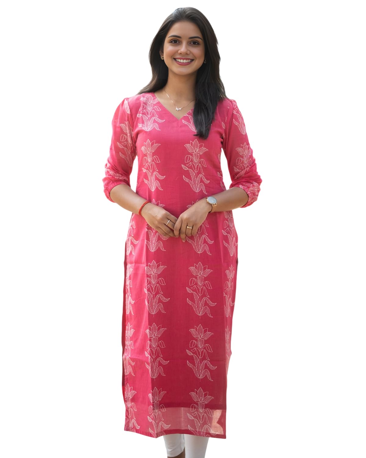 sun fashion and lifestyle Chanderi Calf Length 3/4 Puff Sleeve Printed Kurta for Women | Kurti for Woman | Kurti | Kurti for Womens Latest | Kurta (KT98_Pink)-picture-24
