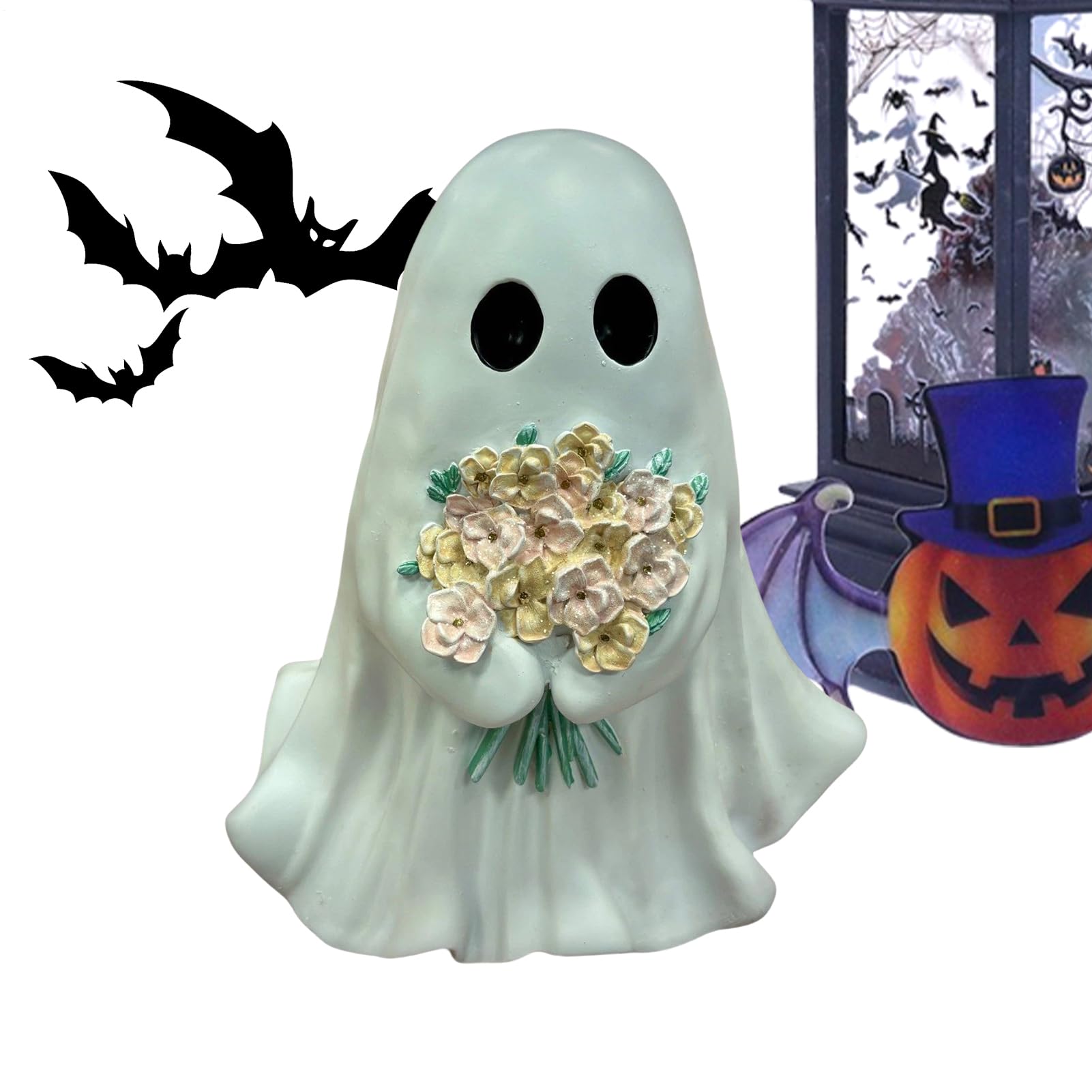 Figurine de fantôme avec fleurs 20 cm : l'idée cadeau déco originale pour la maison