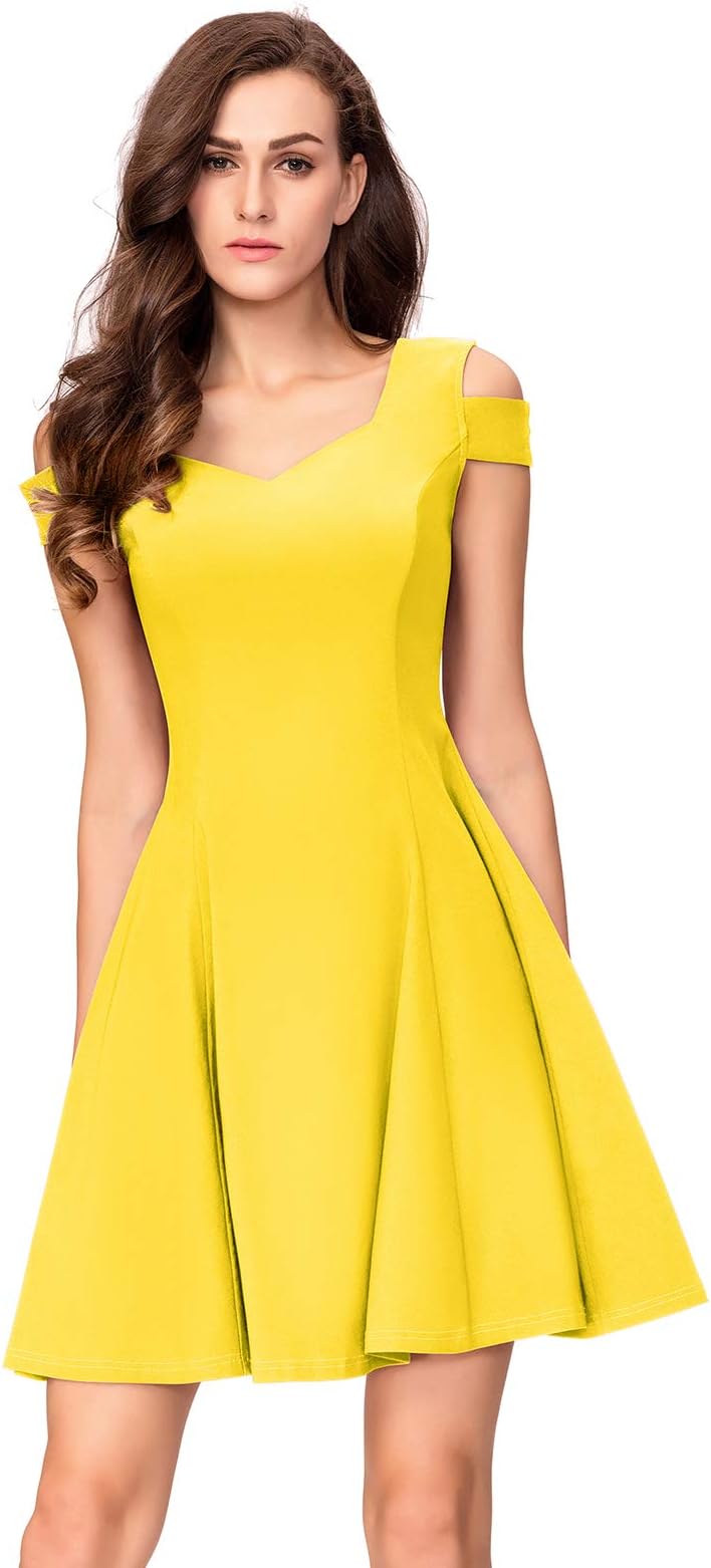 Women's Yellow Cold Shoulder Semi Formal Skater Dresses for Summer Cocktail Party Wedding, L