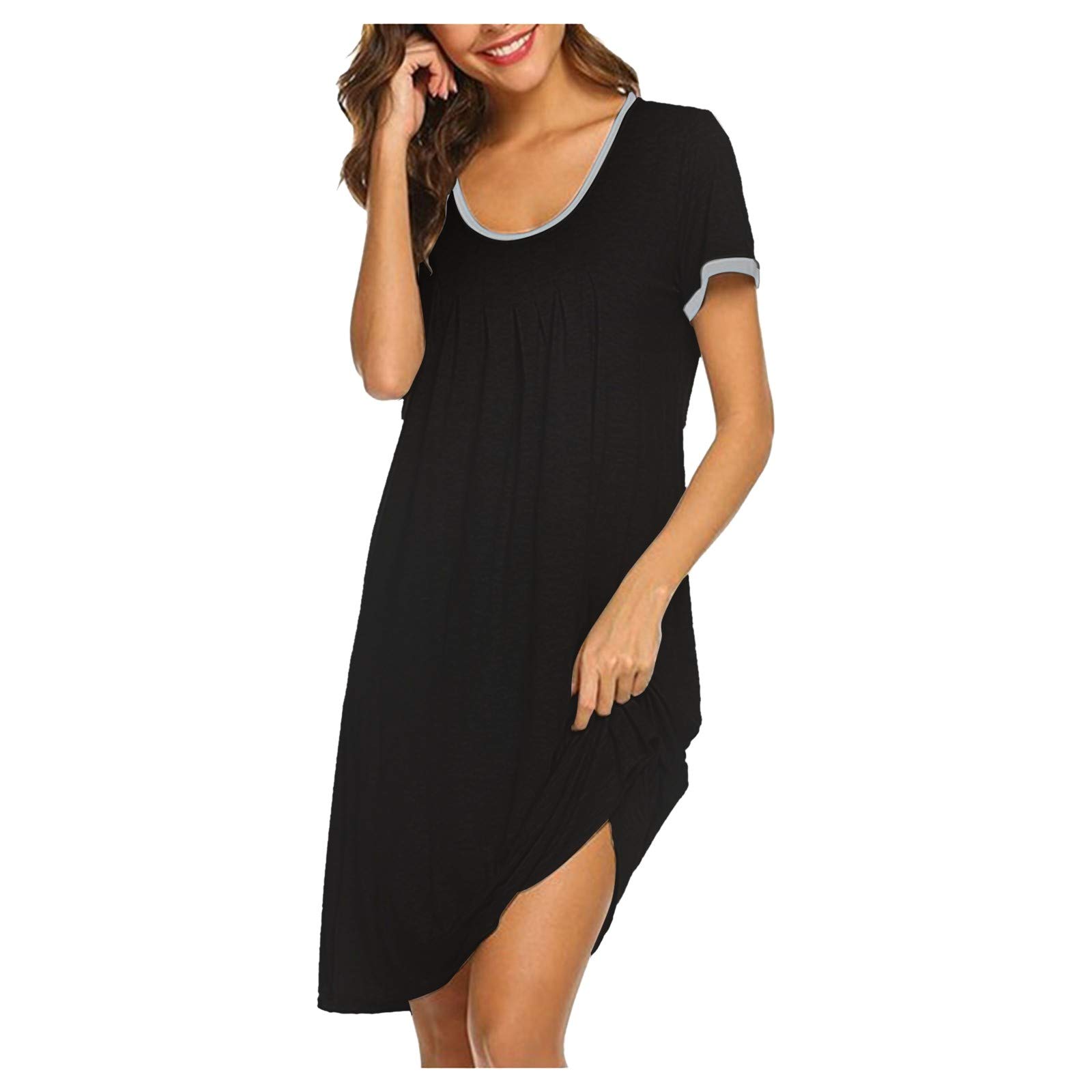 UOGE Neck Round Casual Nightdress Patchwork Pleated Dress Solid Fashion Women's Women's Dress (Black, XL)