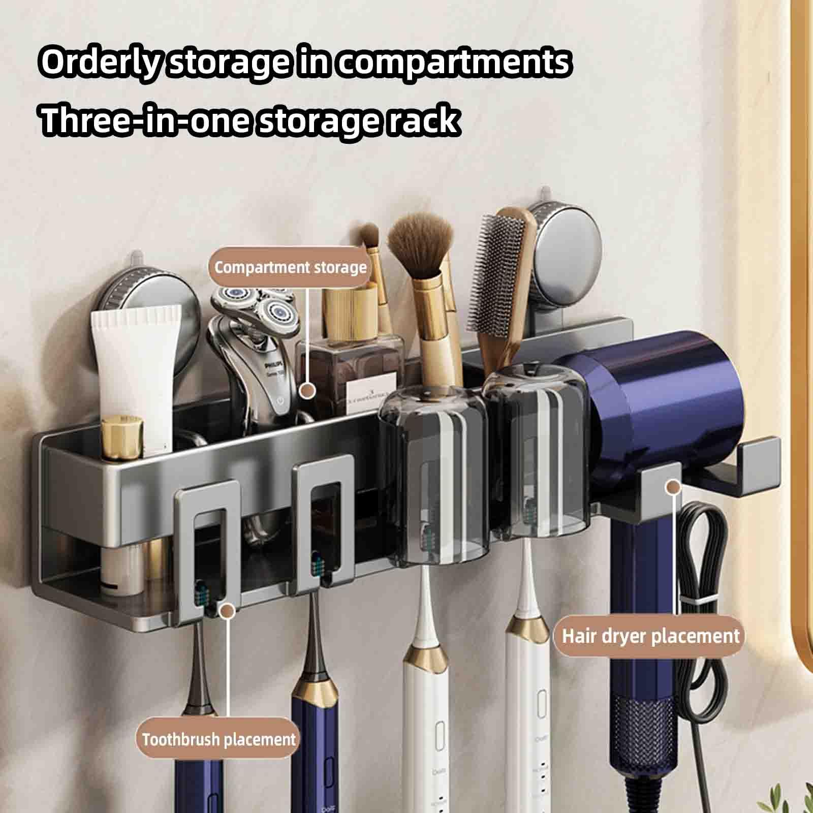 JUSHZ Porta Dentifricio Porta Spazzolino da Muro Portaspazzolini da Bagno Porta Spazzolini Portaspazzolino da Parete da Viaggio Porta Asciugacapelli Ventosa (43.6x14.1x8.1cm,Grey)