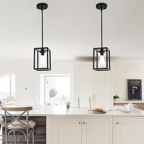 Miniatura 4 de Lámpara colgante de granja negra, lámpara de isla de cocina industrial, lámpara de araña lineal rectangular de metal colgante con pantalla de vidrio