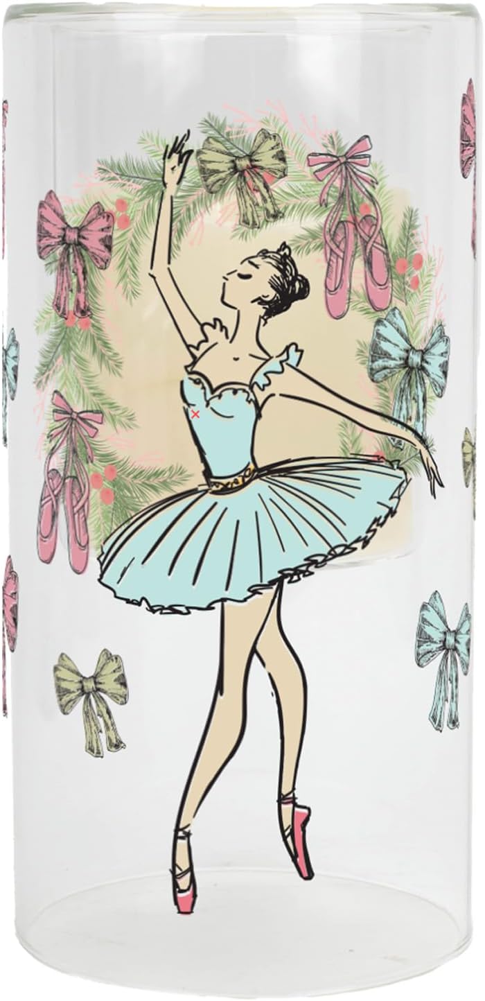 Elanze Designs Nutcracker Collection, Ballerina Dancer, Nostalgic Pastel Cartoon Drawing Printed Design 8 Inch Durable Glass Floating Illusion Pillar Candle Holder Christmas Home Décor