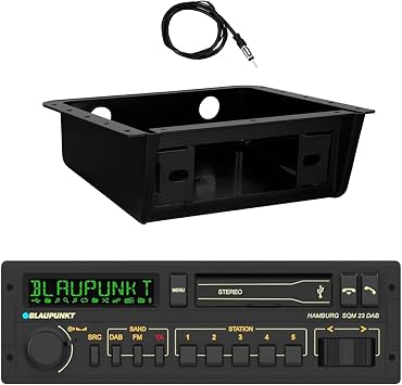 Blaupunkt Hamburg Single DIN Retro Classic Bluetooth USB/AUX AM/FM Radio Stereo Receiver W/Fully Enclosed Under Dash/Overhead Installation Mounting Kit, 22" Radio Antenna Retro DAB