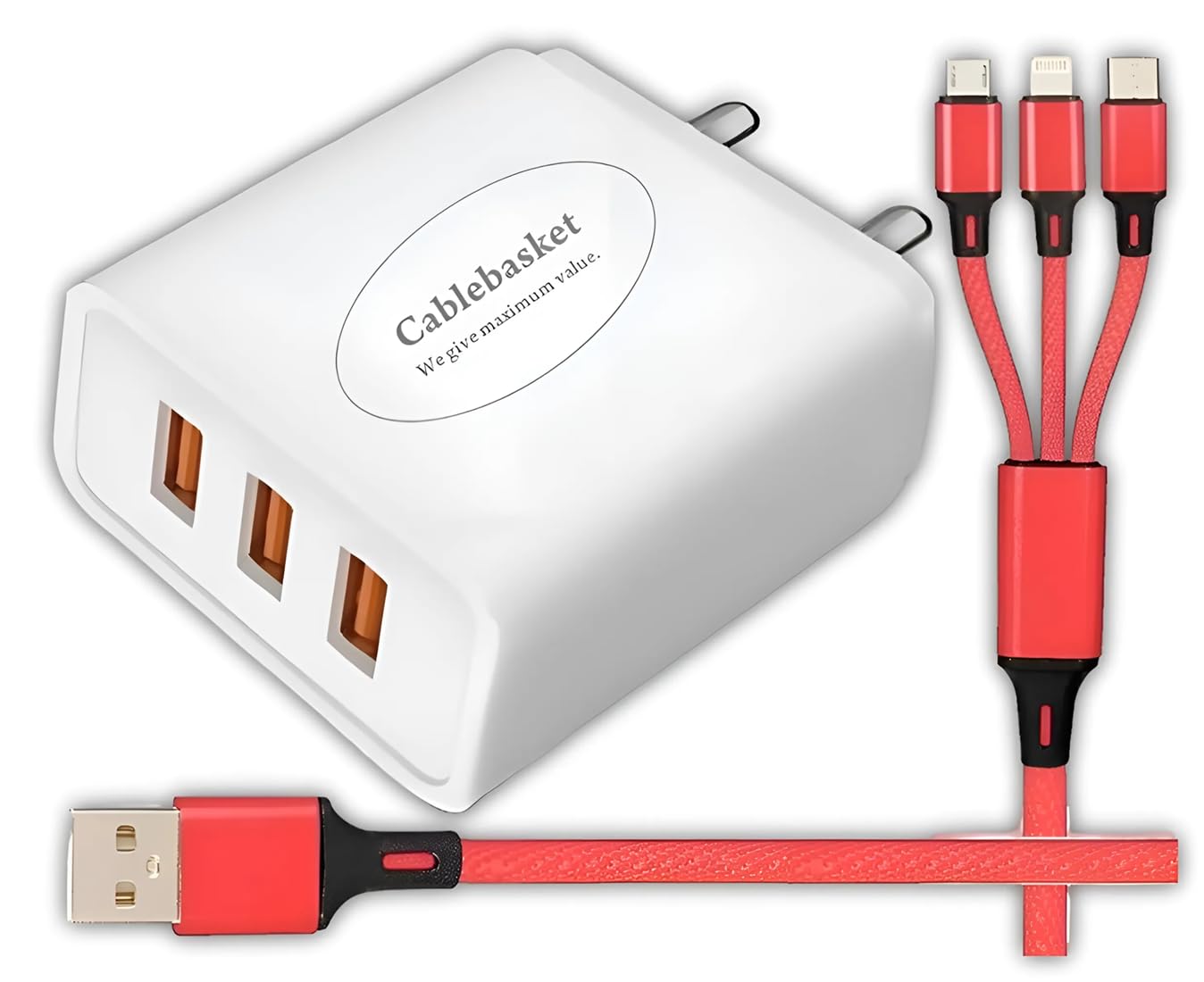 Cablebasket Mobile Charger Adapter Fast Charging 3 port USB 3.1 Amper with 3in1 cable Micro-USB,Type-c,IOS compatible for smartphones like Samsung Redmi Note 5 Pro 7 Pro & all Bluetooth devices. (B099ZXLYT6) Amazon Price History, Amazon Price Tracker