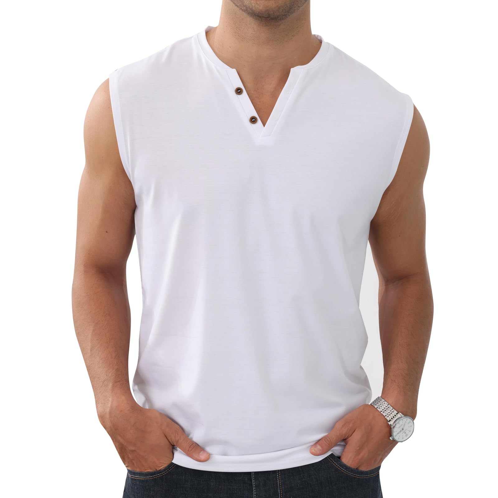 Hommes Débardeurs Basic Vestes sans Manches Tees Henley T-Shirt Coton Bouton Col en V Léger Souple Extensible