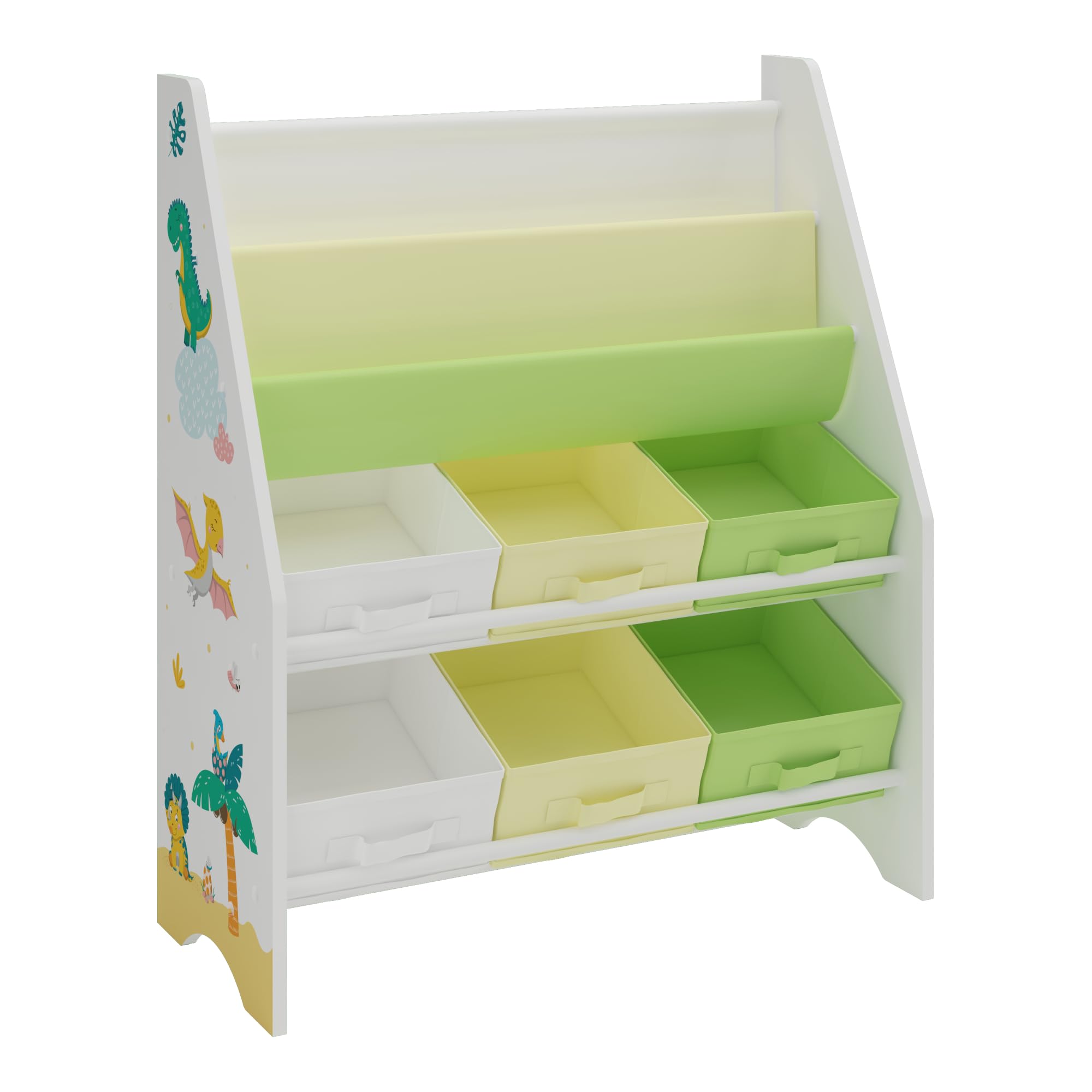 [en.casa] Estantería para Niños Organizador de Libros y Juguetes Motivo de Dinosaurio con 6 Cajas Aglomerado/Poliéster 74 x 62 x 27 cm Blanco y Verde/Amarillo