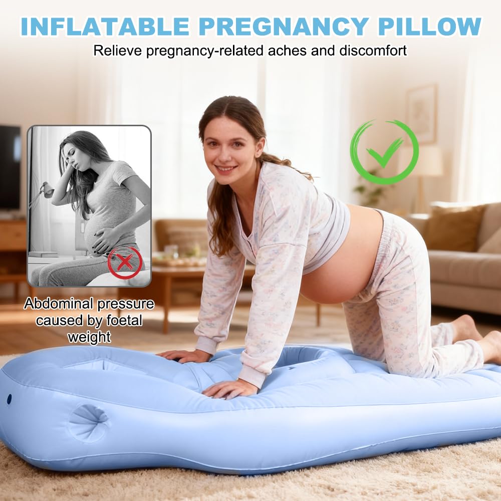 Aufblasbares Schwangerschaftskissen, Yogamatte für Schwangere mit Loch, Tragbares Kissen zum Schlafen, Beflocktes PVC Luftbett (Blau)
