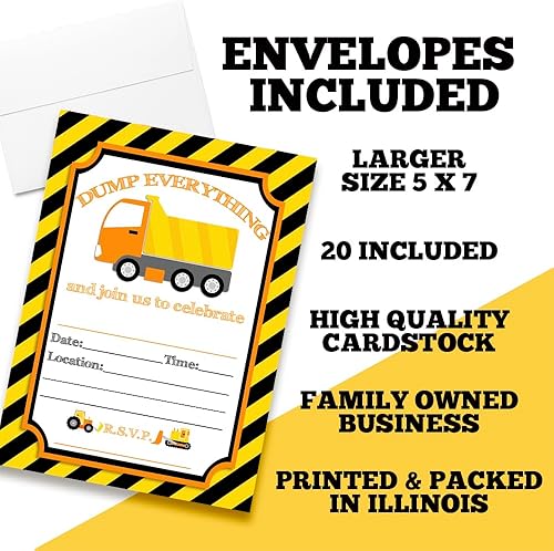 Miniatura 2 de AmandaCreation - Invitaciones para fiestas de cumpleaños de construcción de camiones volquete de Dump Everything, 20 tarjetas de relleno de 5 x 7