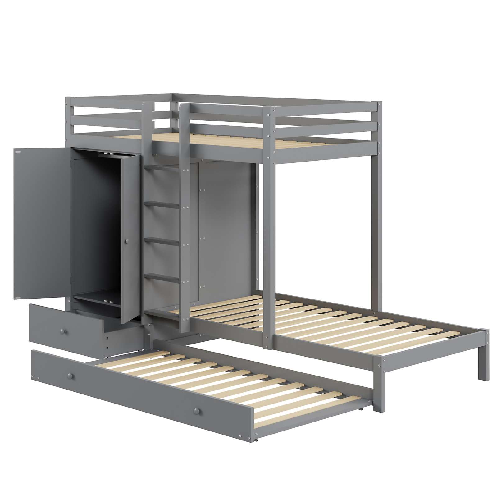 Lit superposé en Bois Massif 90x200cm,lit d'enfant avec lit escamotable,lit Multifonctionnel avec Armoire, tiroirs et étagères de Rangement(sans Matelas) (Gris)