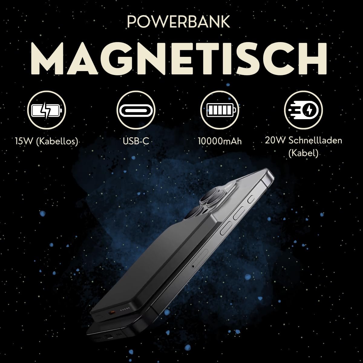 S&T DESIGN Magnetisch Powerbank Kabellos Powerbank Externer Akku PB 10000 mAh, für iPhone Wireless LED Anzeige Schnellladefunktion