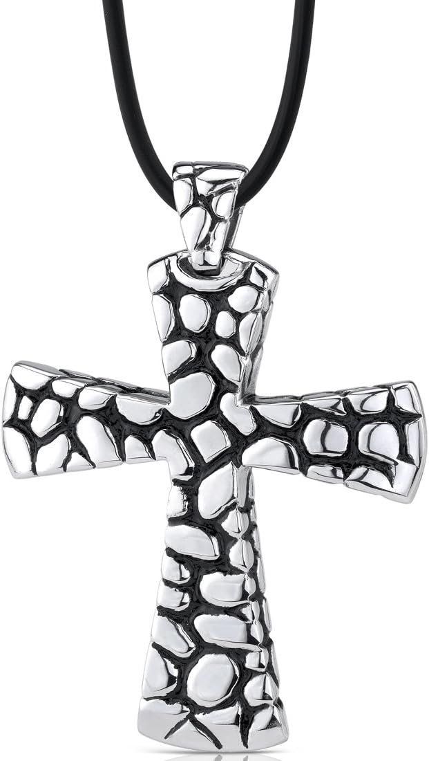 PEORA Stainless Steel and Black Enamel Cross Pendant for Men, Custom Textured Cobblestone Design, 18+2 inch Black Cord, w/Jewelry Box, Gifts for Men, For Gifts & Everyday Wear