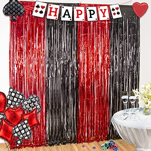 streamers party decorations red - LOLStar 3 Pack Casino Foil Fringe Curtains Casino Theme Party Decorations 3.3 X 6.6 ft Red and Black Photo Booth Prop, Tinsel Streamer Backdrop for Las Vegas Theme Decor