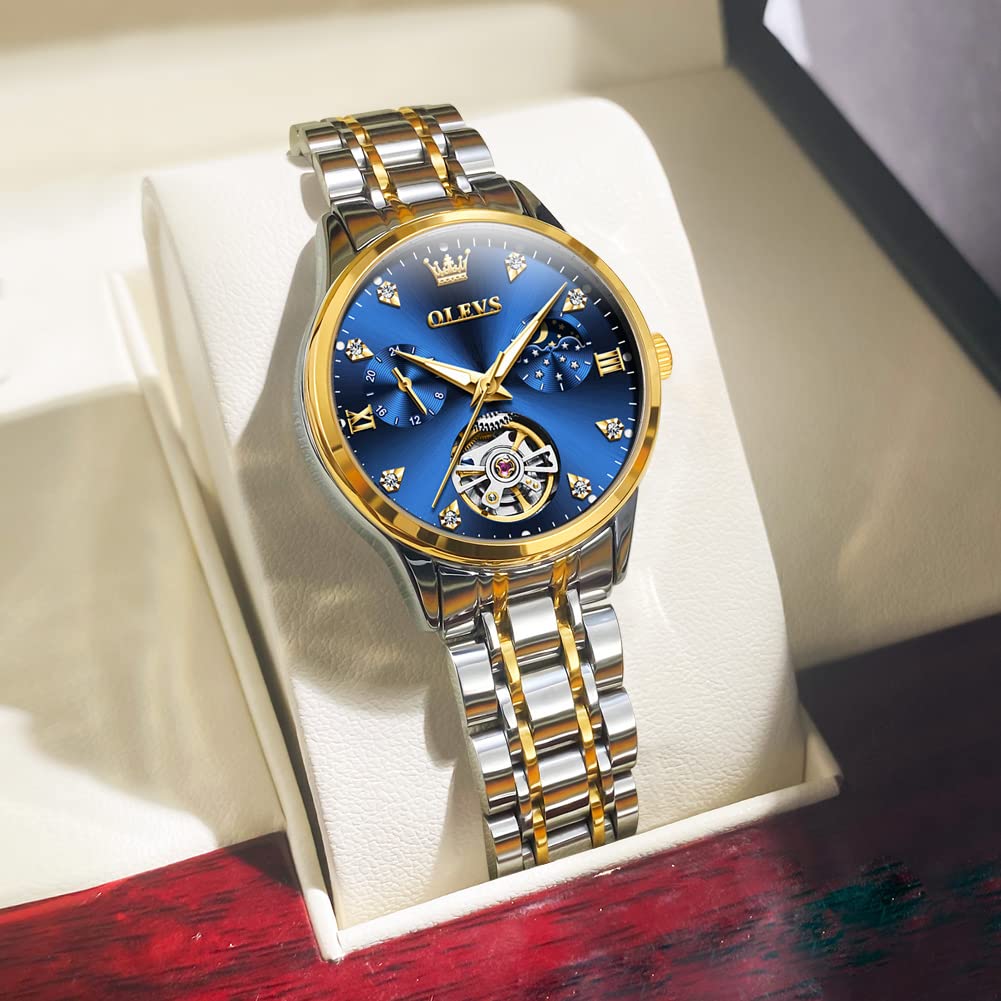 OLEVS Damenuhr Damen Automatik Mechanisch Skelett Diamant Luxus Elegant Edelstahl Wasserdicht Armbanduhr Damen