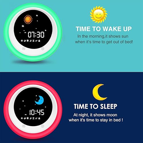 Miniatura 2 de I.CODE - Reloj despertador para niños con diseño de sol y luna, entrenador de sueño para niños, máquina de sonido para dormir, luz de despertar y