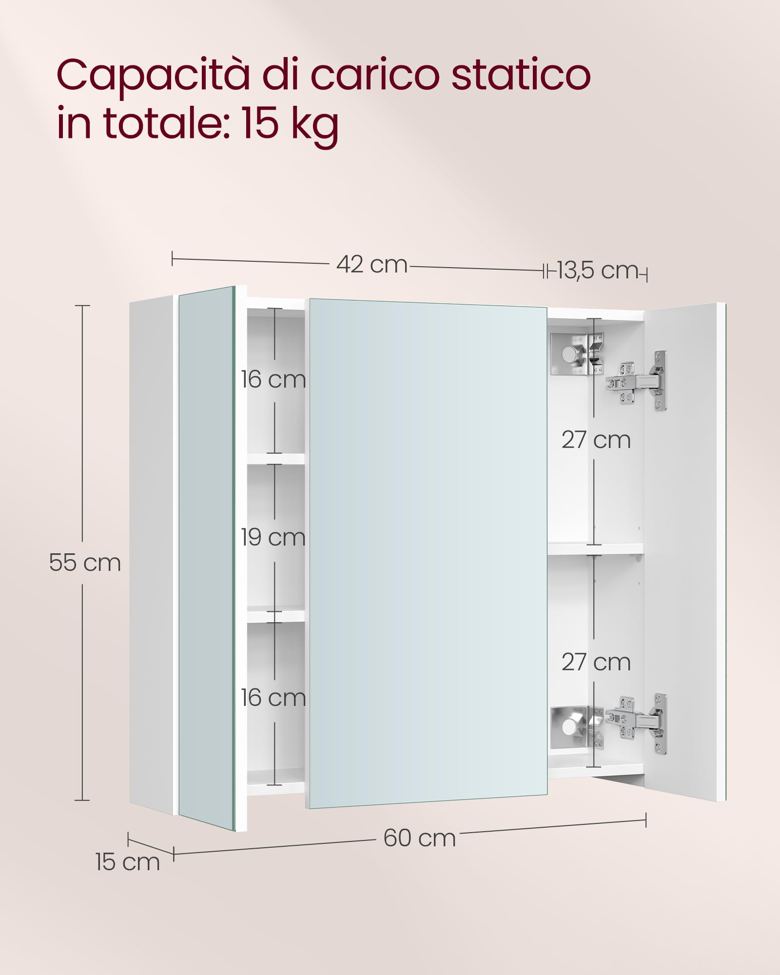 VASAGLE Collezione KAILYN - Mobiletto Pensile da Bagno con Specchio, Stile Moderno, 15 x 60 x 55 cm, Bianco BBK22WT
