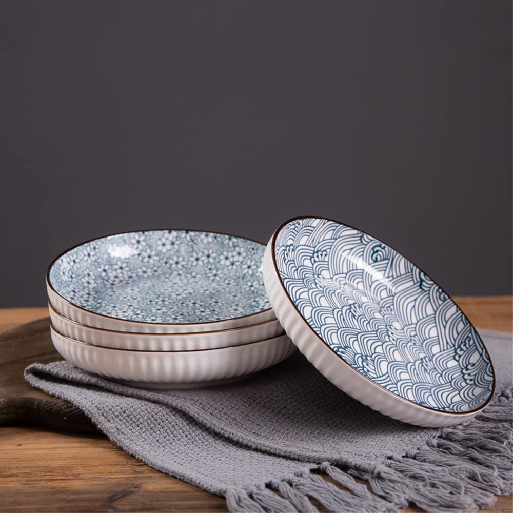 fanquare Assiettes de Dîner Bleues et Blanches de 20cm - Lot de 6, Assiettes Plates en Céramique pour Pâtes, Crêpes, Steak - Compatible avec Lave-Vaisselle et Micro-Ondes