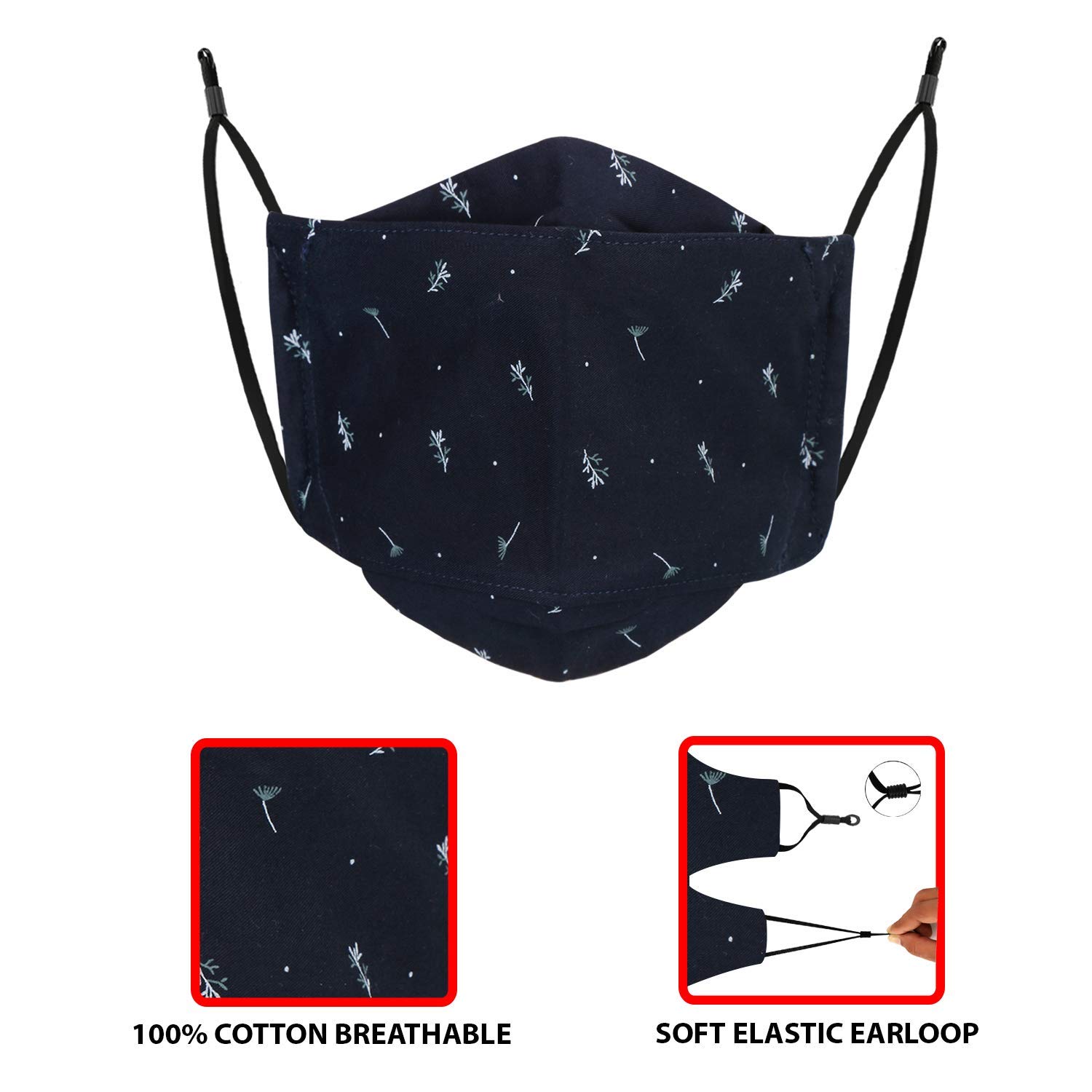 Cenwell 5 Pcs 100% Cotton 3d Mask with Adjustable Earloop, Ear Saver Strap & Meltblown Filter, Printed, Breathable, Reusable, Washable Designer Fabric Face Mask for Men, Women & Teens 4